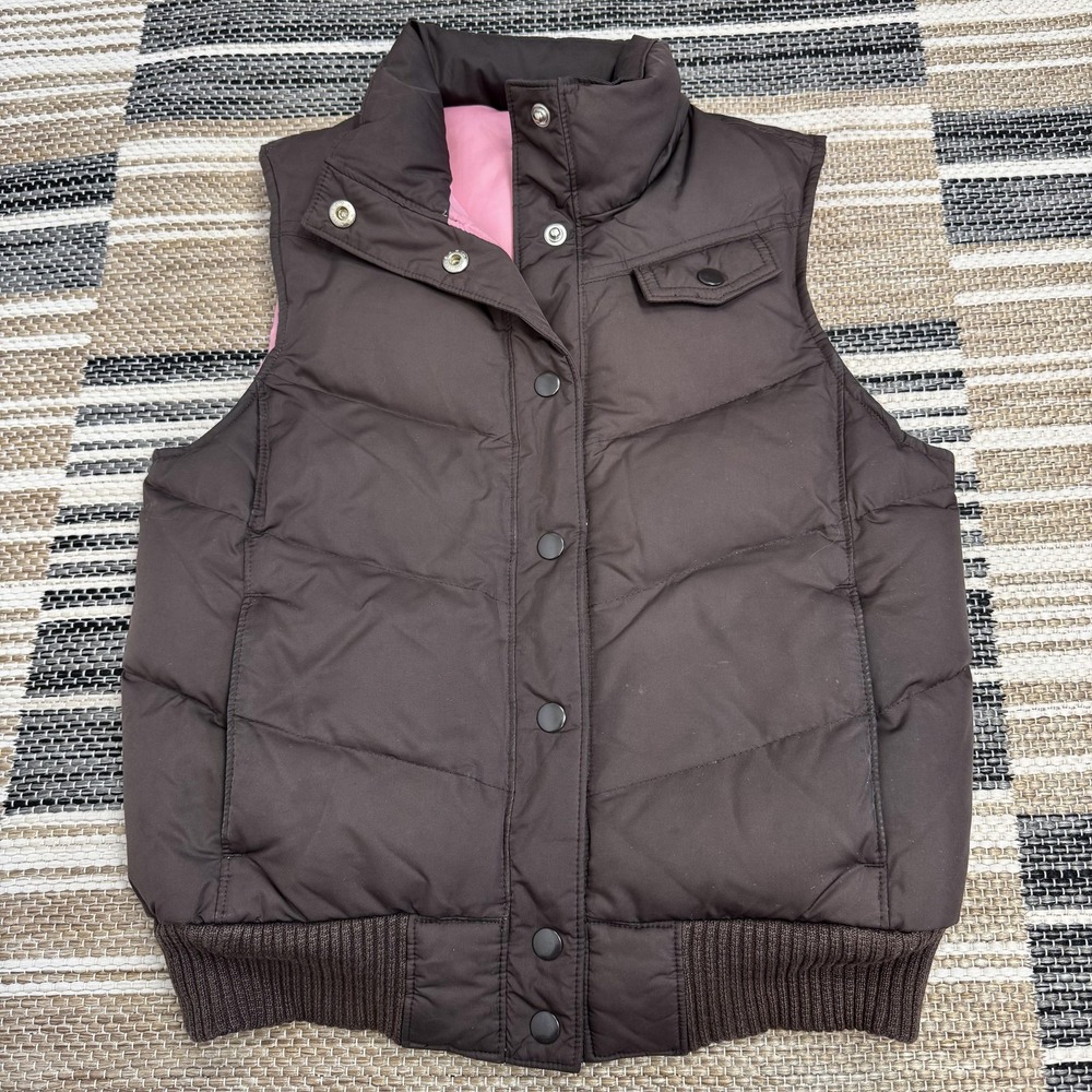 Vintage Gap Vest Womens XS Brown Pink Down Puffer‎ Quilted Snap Front Ribbed 00s